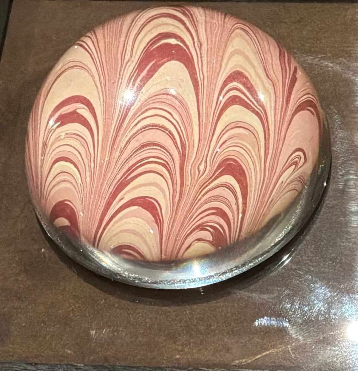 Compton Marbling Glass Paperweight, Swirls Of Warm pinks, Cream and Deep Burgundy.