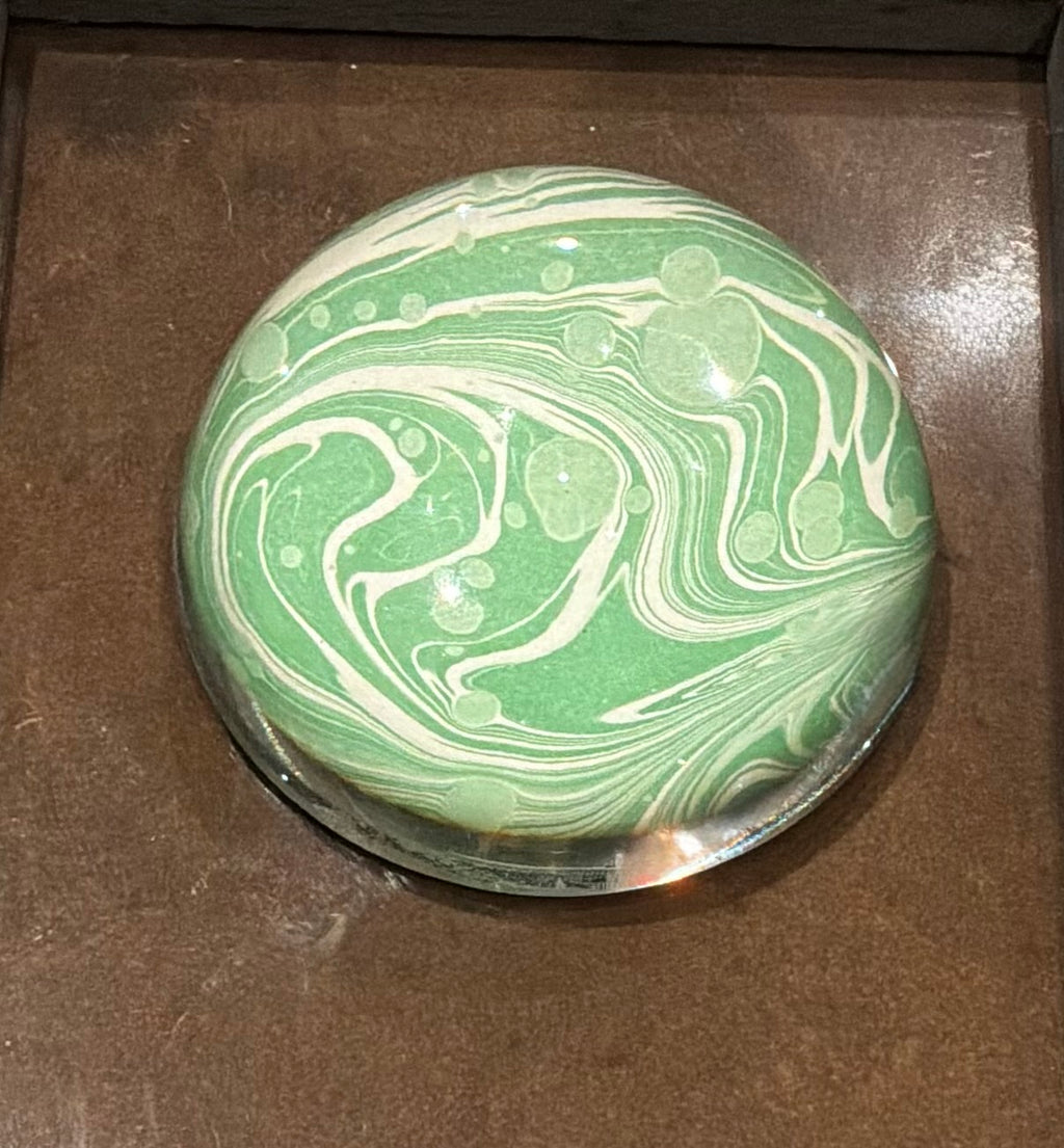 Compton Marbling Glass Paperweight, Shades of Green and Ivory make this Interesting Pattern.