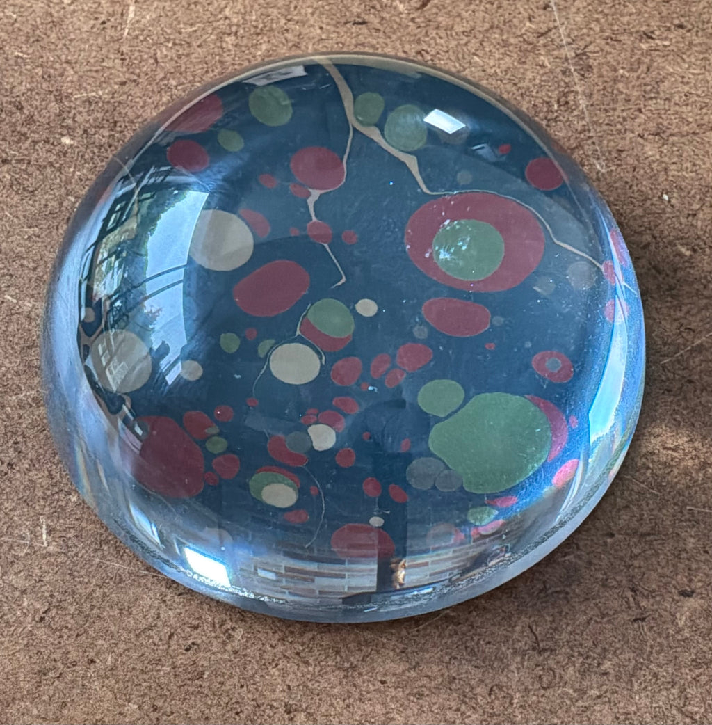 Compton Marbling Glass Paperweight, French Blue, Coral, Olive and Cream.