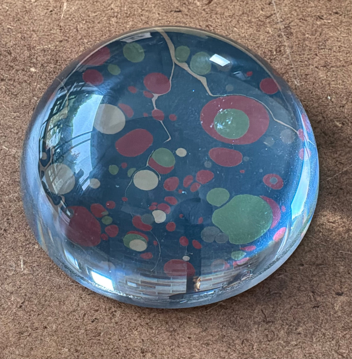 Compton Marbling Glass Paperweight, French Blue, Coral, Olive and Cream.