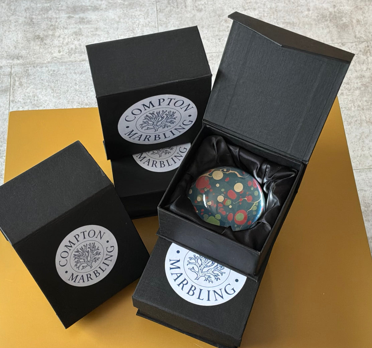 Compton Marbling Glass Paperweight, French Blue, Coral, Olive and Cream.