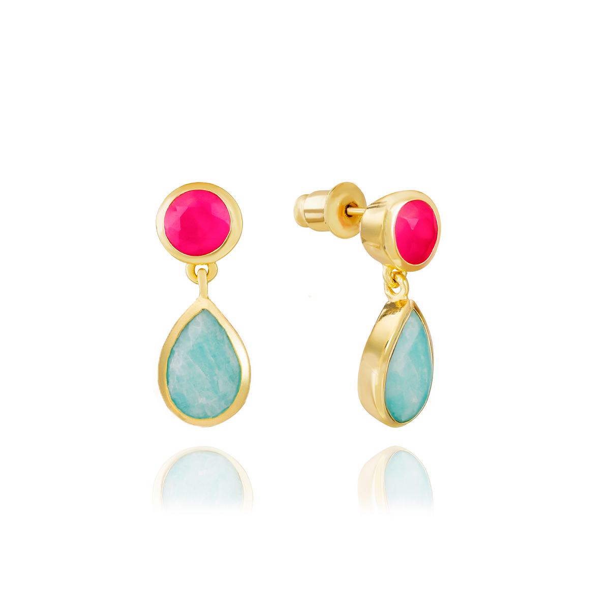 Iris Double Gemstone Drop Earrings Fuchsia Onyx Amazonite