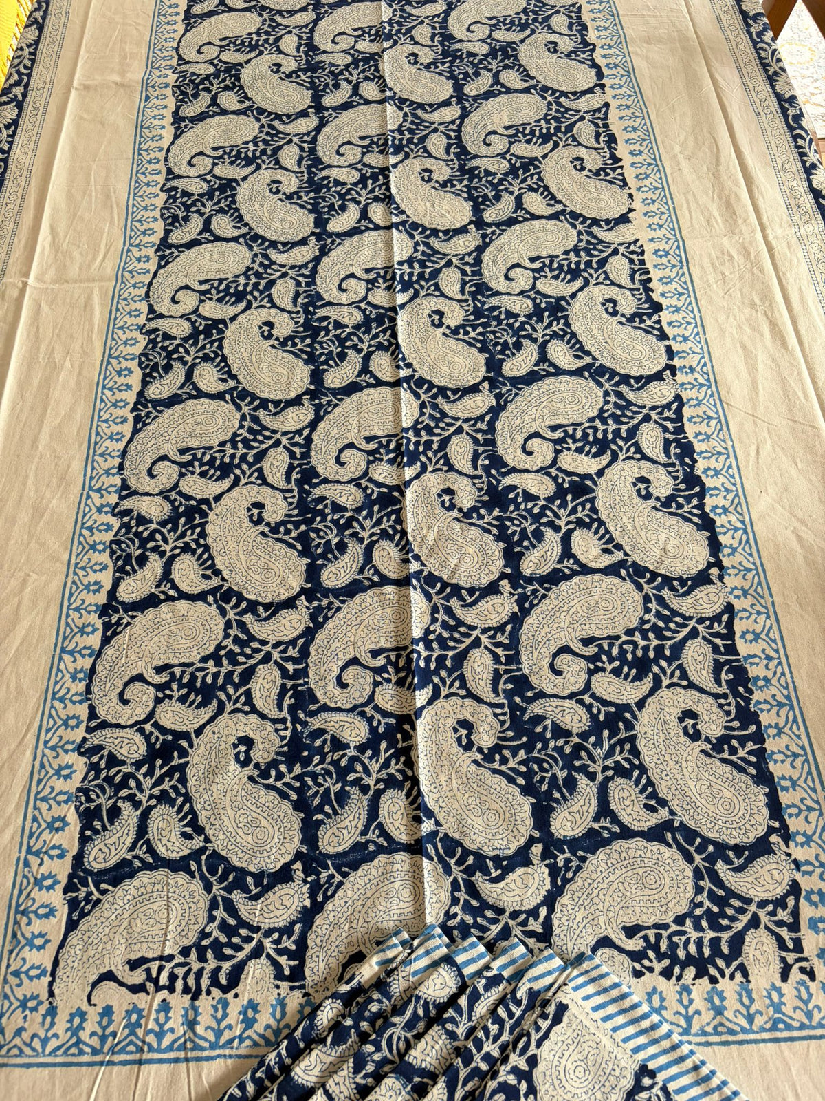 Indigo Hand Block Print Cotton Table Cloth and Napkin Set